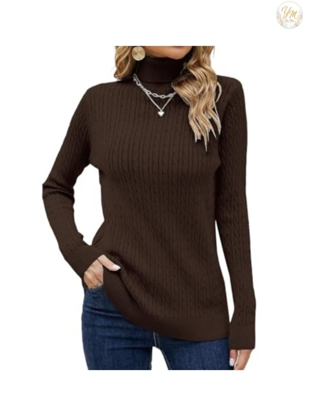 Cable Knit Turtleneck Sweater Long Sleeve Pullover Soft Viscose Blend